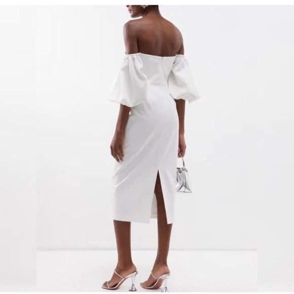 SELF PORTRAIT White Crepe Bow Balloon Sleeve Midi Dress - Picture 4 of 11